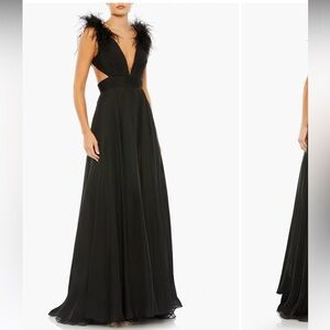 New Mac Duggal Feather Trim Plunge Neck A-Line Gown black